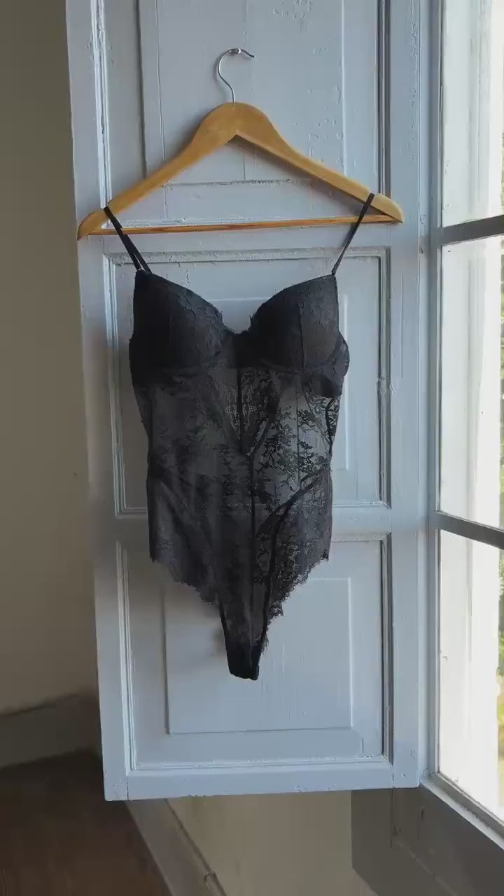 Vintage black lace bodysuit, structured cups, Cup size 80B, S, romantic edgy sheer lingerie