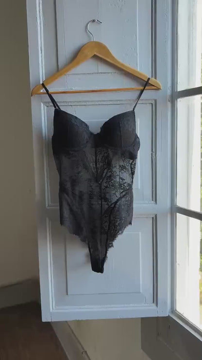 Vintage black lace bodysuit, structured cups, Cup size 80B, S, romantic edgy sheer lingerie