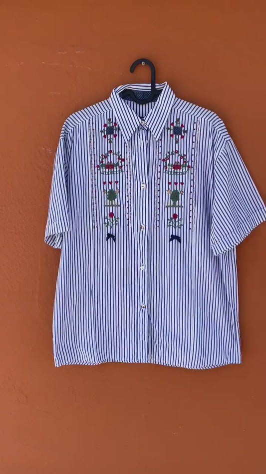 Christmas button up shirt, Large cotton embroidered blouse, Cottage core blue and white folklore striped shirt, M