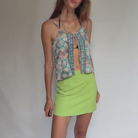 Boho silk camisole top – tropical floral embroidery, open front cut, Coachella-style festival look, 70% silk, fits size S/M, Y2K vibe