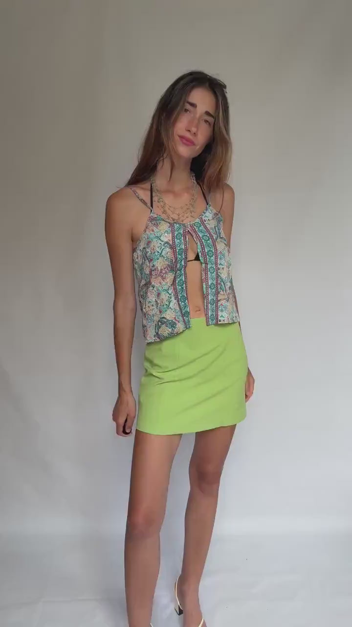 Boho silk camisole top – tropical floral embroidery, open front cut, Coachella-style festival look, 70% silk, fits size S/M, Y2K vibe