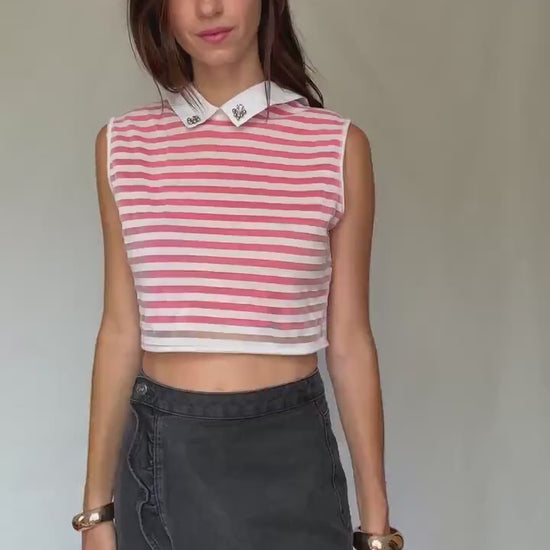 Parisian chic pink white striped crop top – gemstone collar, playful sustainable fashion, size M
