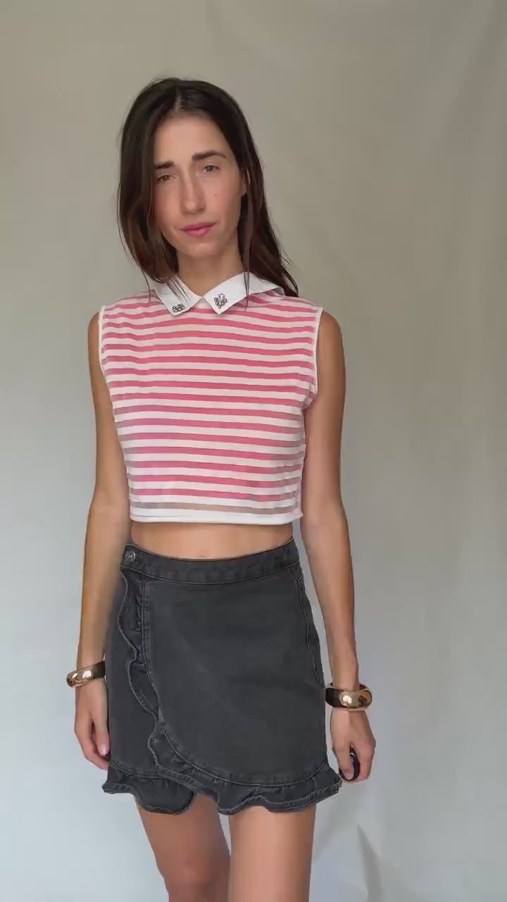 Parisian chic pink white striped crop top – gemstone collar, playful sustainable fashion, size M