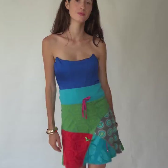 Eclectic Desigual Cotton Skirt with Vibrant Patterns and Patchwork in Turquoise, Green, Red, and Blue - Bohemian Style