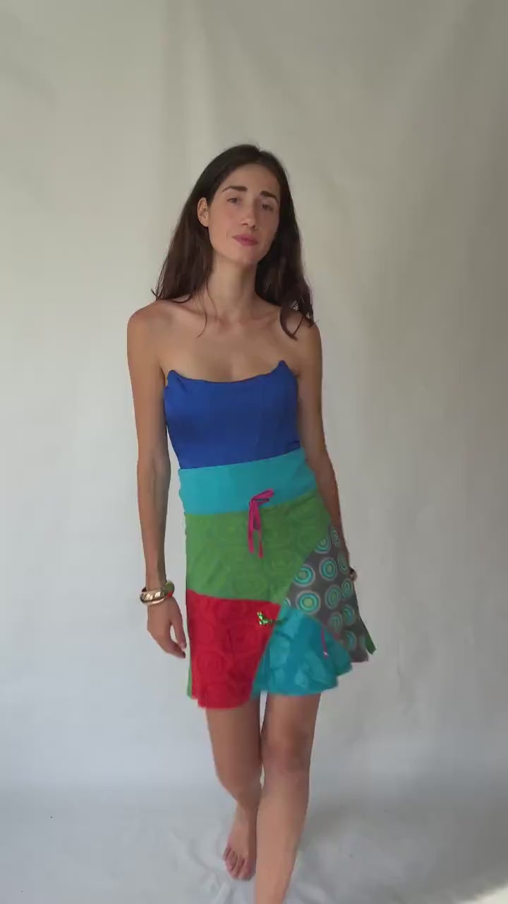 Eclectic Desigual Cotton Skirt with Vibrant Patterns and Patchwork in Turquoise, Green, Red, and Blue - Bohemian Style