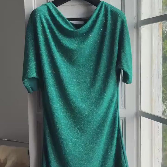 Vintage green teal blue glittery shimmer shirt, retro 70s disco vibe