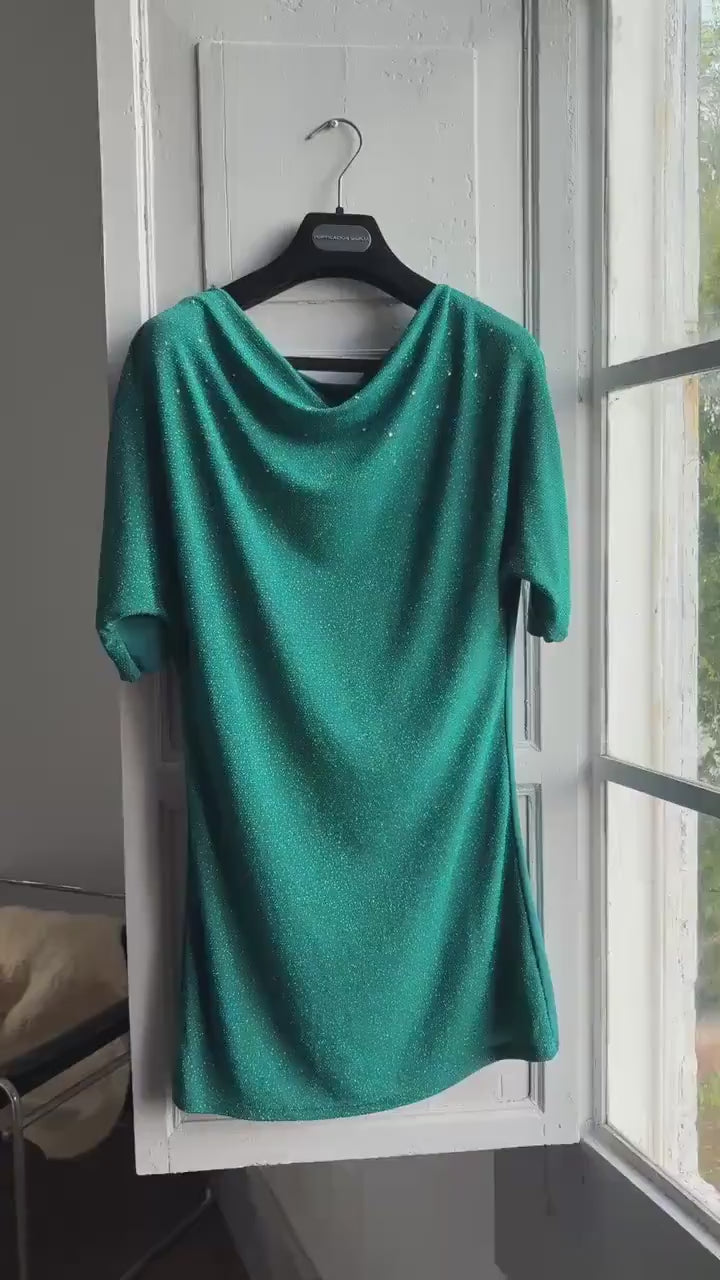 Vintage green teal blue glittery shimmer shirt, retro 70s disco vibe