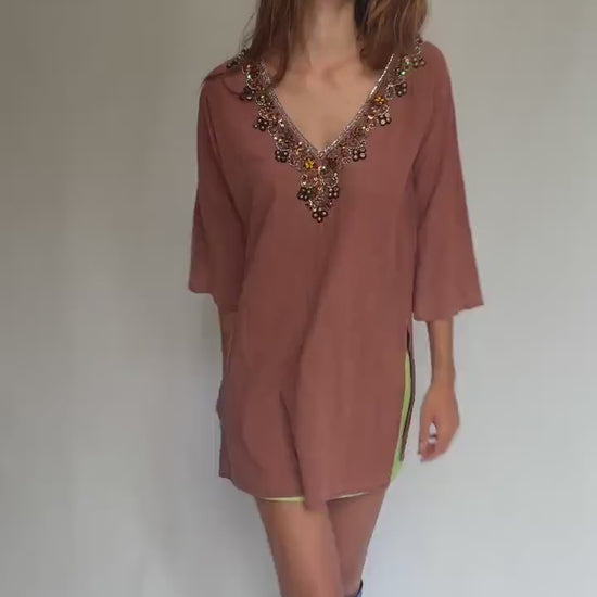 Beaded embellished cotton tunic by Hugo Samuel – rust brown boho v-neck top – 100% cotton – labeled L – detailed neckline