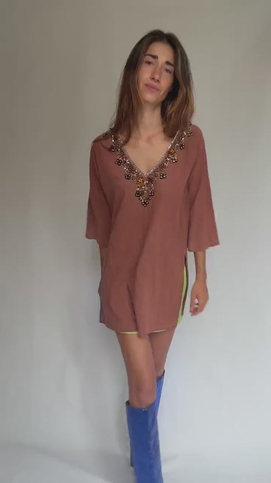 Beaded embellished cotton tunic by Hugo Samuel – rust brown boho v-neck top – 100% cotton – labeled L – detailed neckline