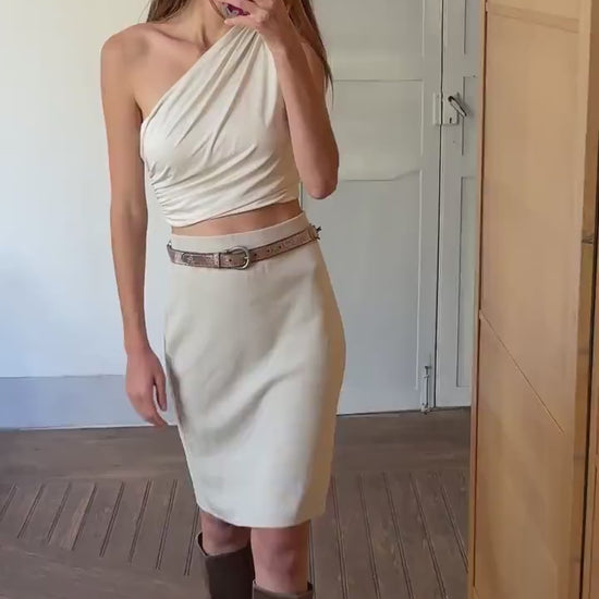 Luxury white merino wool blendskirt, Fine knit winter minimalist clothing, M