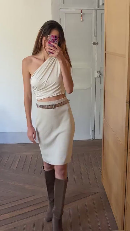 Luxury white merino wool blendskirt, Fine knit winter minimalist clothing, M