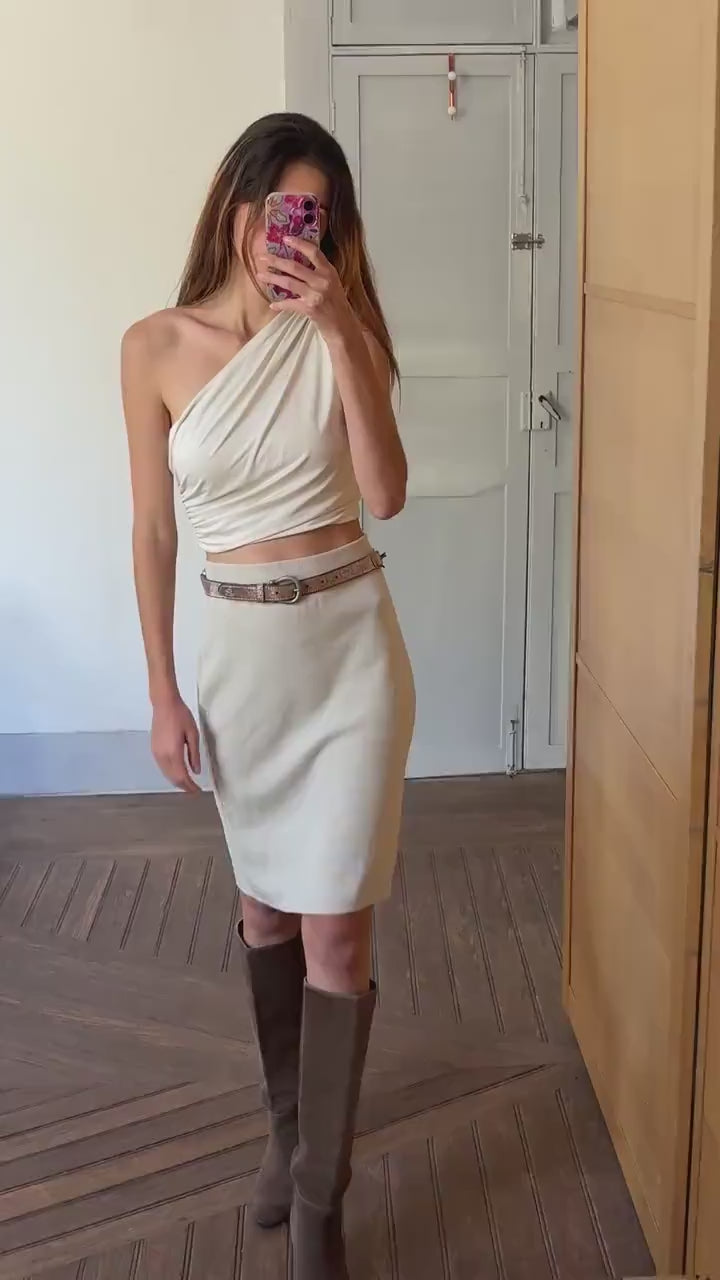Luxury white merino wool blendskirt, Fine knit winter minimalist clothing, M