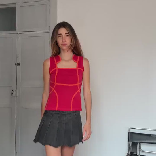 Y2K Vintage Futuristic Panel Top – Cyber Tank with Contrast Stitch – Spacecore Club Kid Aesthetic – Christina Milian Style, Size L