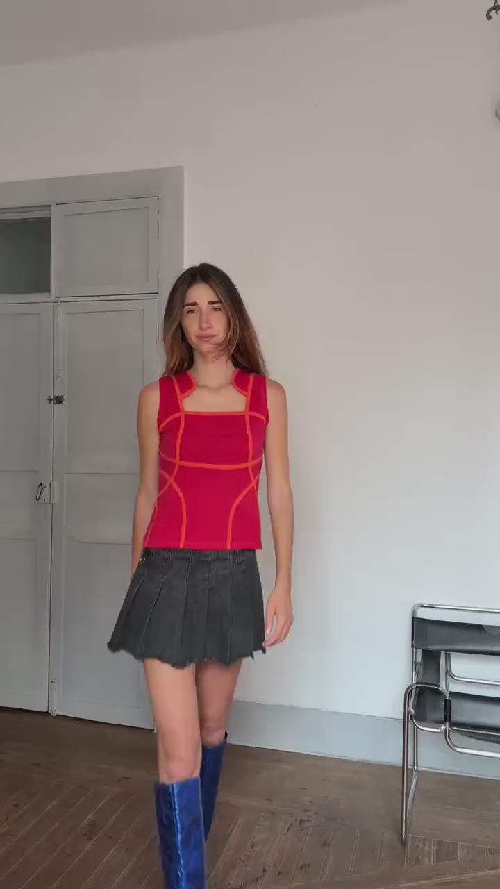 Y2K Vintage Futuristic Panel Top – Cyber Tank with Contrast Stitch – Spacecore Club Kid Aesthetic – Christina Milian Style, Size L