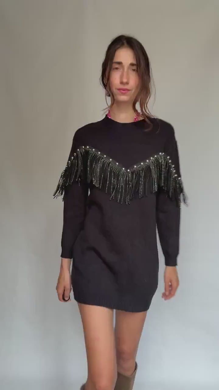 Western black mini dress, Embellished fringe short spring dress, Retro 90s vintage wear