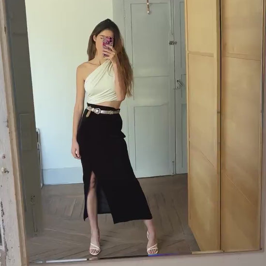 Vintage black velvet maxi skirt with side split, Formal elegant sensual long woman skirt, M