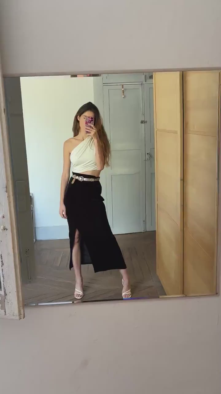 Vintage black velvet maxi skirt with side split, Formal elegant sensual long woman skirt, M