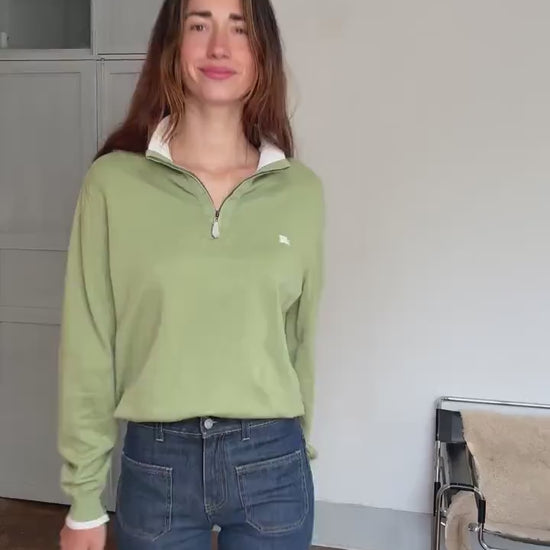 Vintage Burberry London polo jumper – sage green zip collar, tag size 5, 100% cotton, unisex fit, styled on woman, classic Y2K look