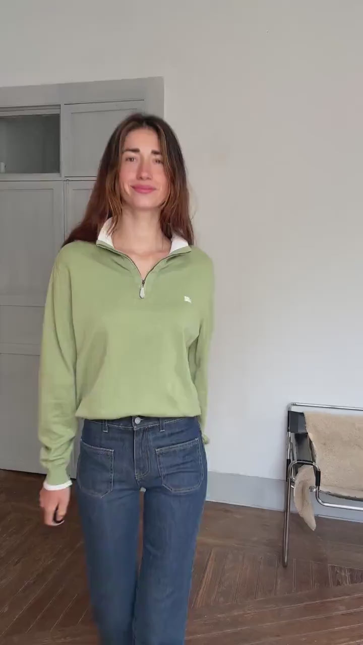 Vintage Burberry London polo jumper – sage green zip collar, tag size 5, 100% cotton, unisex fit, styled on woman, classic Y2K look