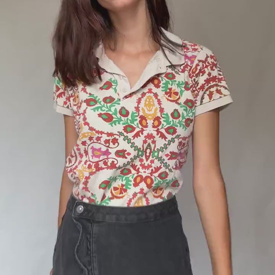 Pedro del Hierro colourful polo shirt, patterned short sleeve top, Luxury Spanish designer clothing, size S