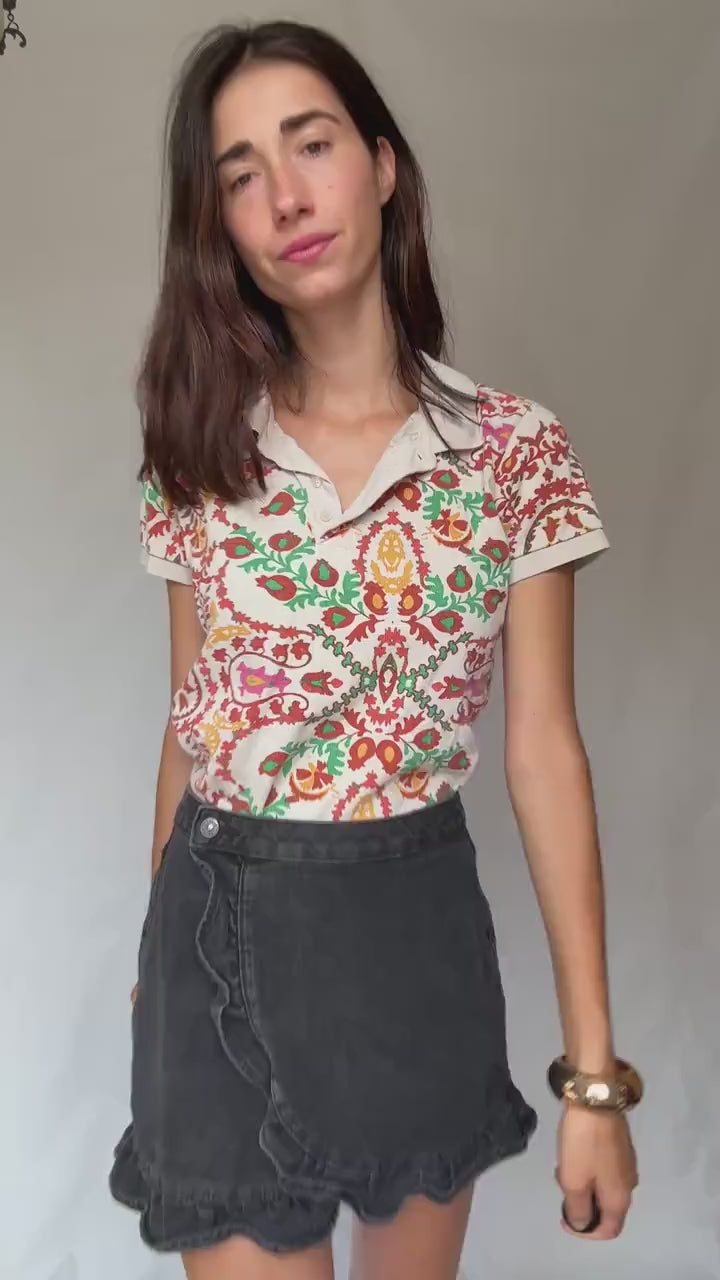 Pedro del Hierro colourful polo shirt, patterned short sleeve top, Luxury Spanish designer clothing, size S