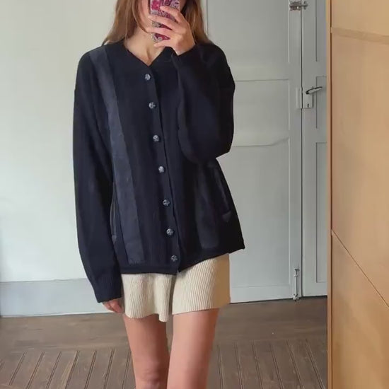 Navy blue vintage Men cardigan, Classic Dark Academia aesthetic jumper, Grandpa fashion winter knit wear