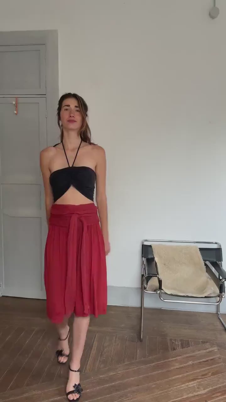 Designer Red Skirt – Tag Size L, Elegant Wrap Waist, Luxury Boho Style
