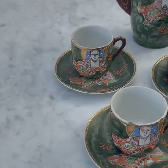 Vintage Hand-Painted Japanese Tea Set – Kutani Moriage Dragon Design, Made in Japan 1920s-1940s, Porcelain Teapot & Cups