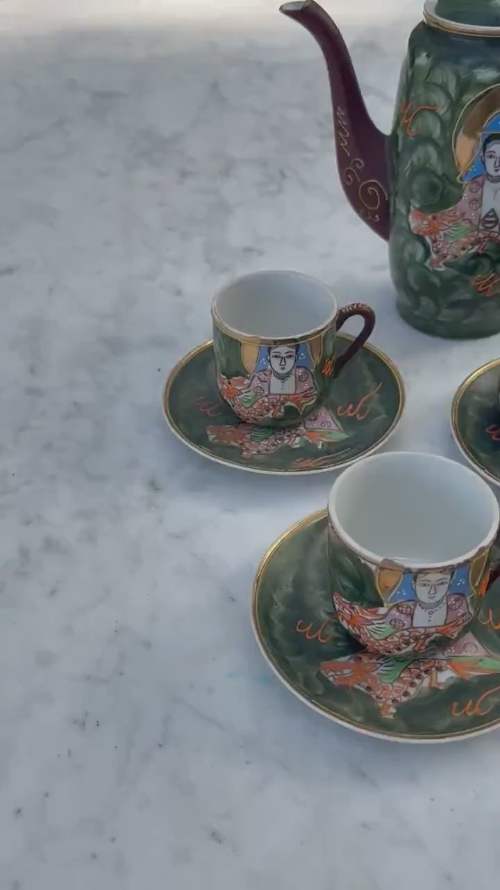 Vintage Hand-Painted Japanese Tea Set – Kutani Moriage Dragon Design, Made in Japan 1920s-1940s, Porcelain Teapot & Cups