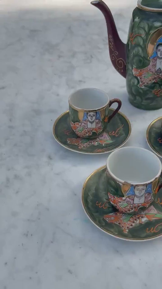 Vintage Hand-Painted Japanese Tea Set – Kutani Moriage Dragon Design, Made in Japan 1920s-1940s, Porcelain Teapot & Cups
