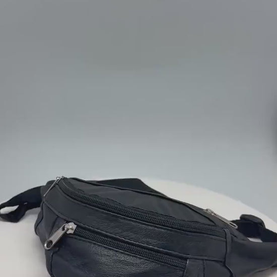 Vintage black leather fanny pack, genuine leather small festival bag