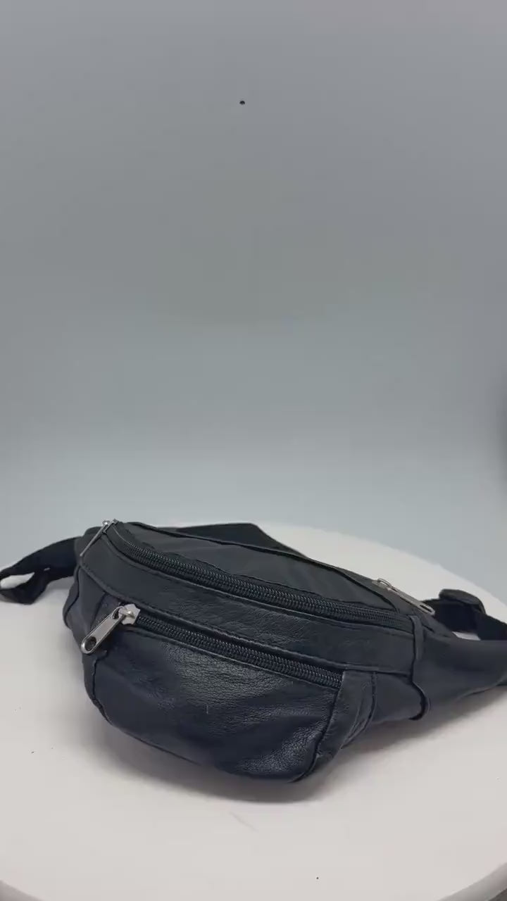Vintage black leather fanny pack, genuine leather small festival bag