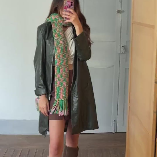 Vintage scarf, fun playful colourful knit wear, long green and pink fringe winter shawl,