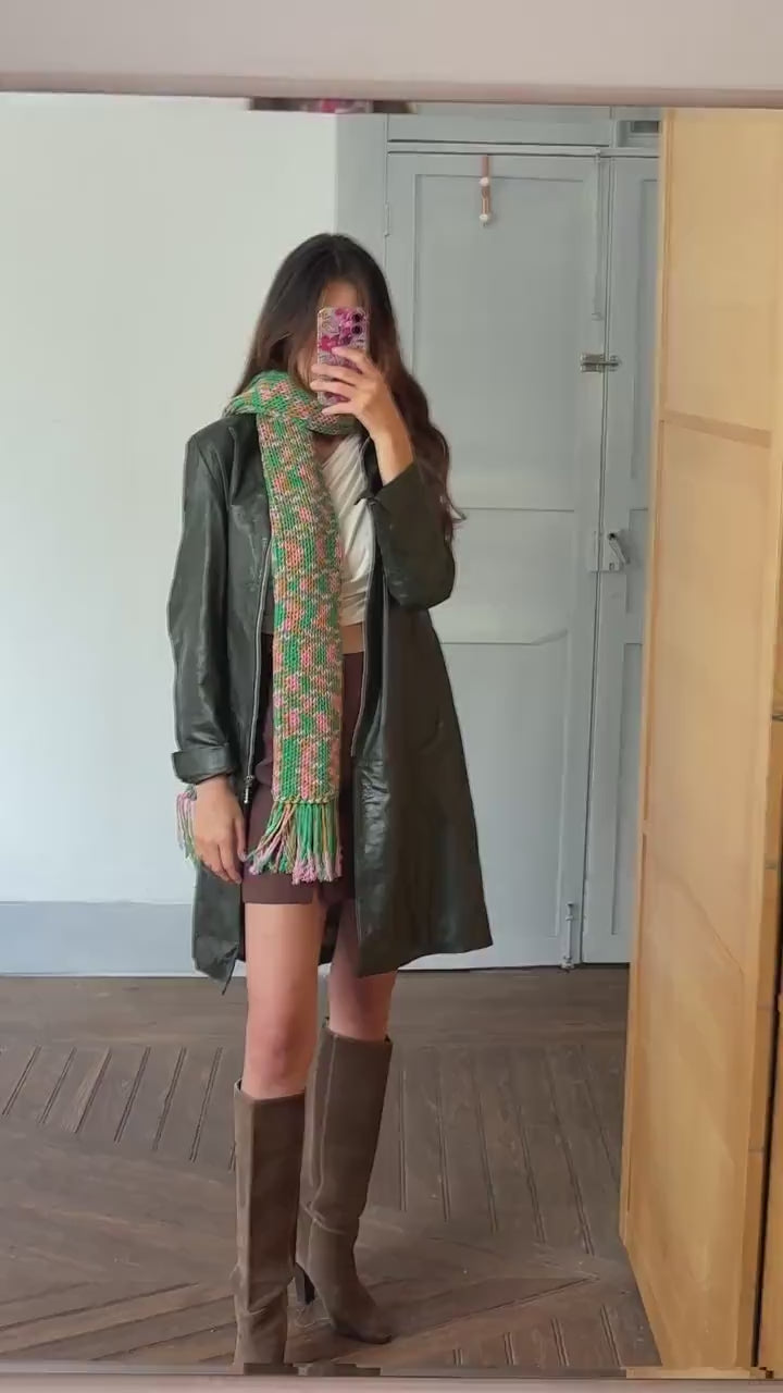 Vintage scarf, fun playful colourful knit wear, long green and pink fringe winter shawl,