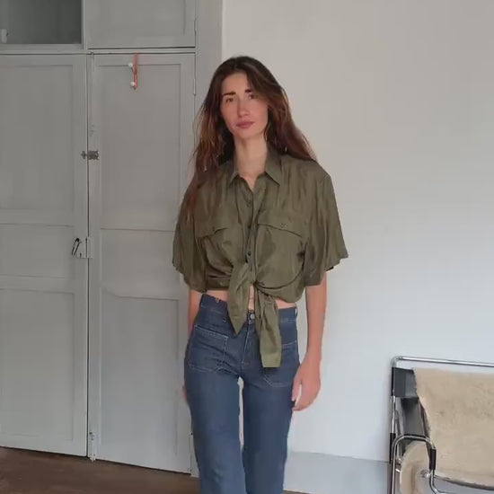 Vintage 100% silk button-up shirt – olive green Van Zon men’s M, soft drapey minimalist shirt styled oversized unisex luxe wear