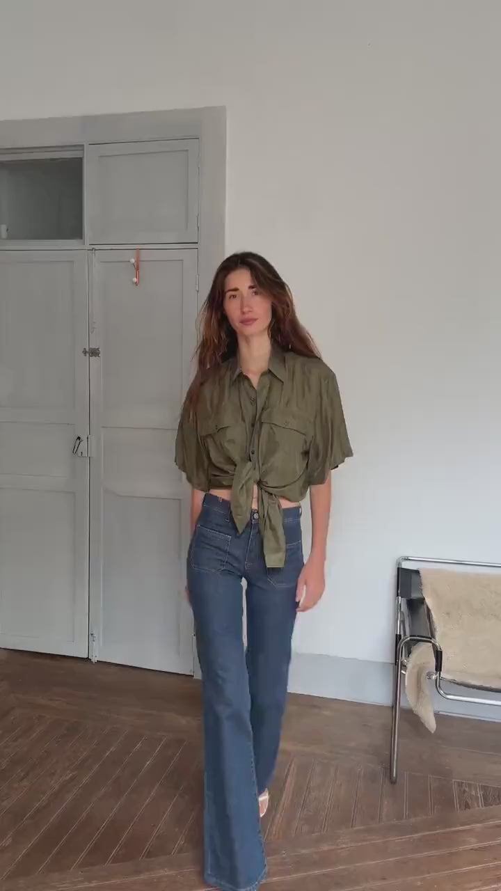 Vintage 100% silk button-up shirt – olive green Van Zon men’s M, soft drapey minimalist shirt styled oversized unisex luxe wear