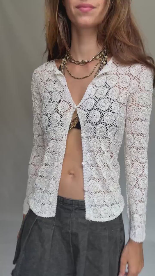 Vintage white crochet top, cottagecore Roonsy Mara cue, US M, casual bohemian chic