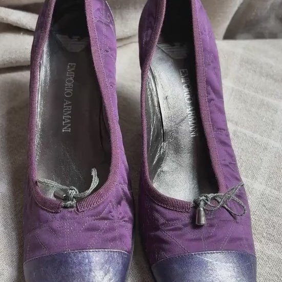 Vintage EMPORIO ARMANI kitten heels, Formal silver and purple pumps, Elegant designer event shoes, Y2K fashion