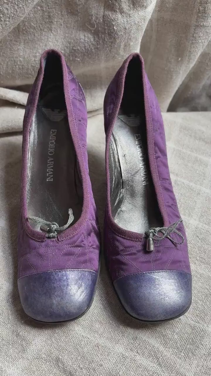 Vintage EMPORIO ARMANI kitten heels, Formal silver and purple pumps, Elegant designer event shoes, Y2K fashion