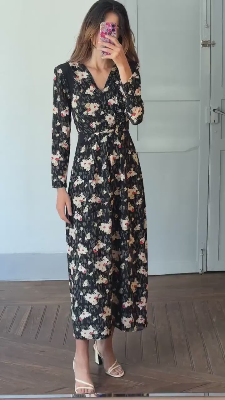 Vintage Hoss Intropia floral maxi dress with padded shoulders & hourglass silhouette,  size 38, Wedding guest dress, Long summer dress