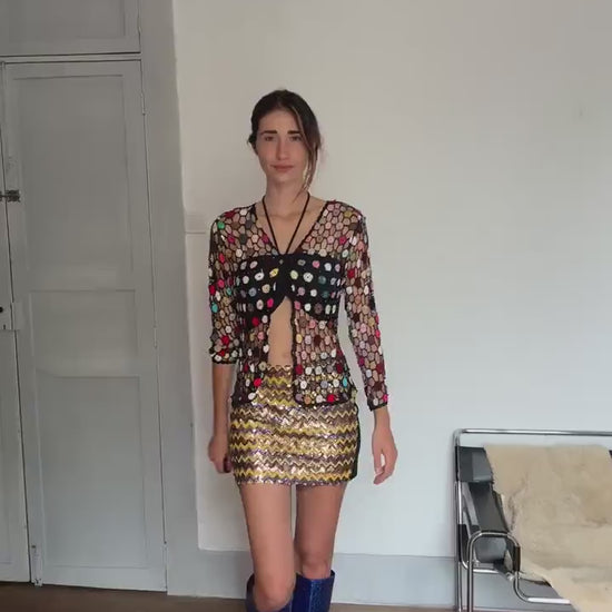Sequin Mini Skirt – Vintage Party Skirt in Zigzag Gold Sparkle, Festive Y2K Night Out Piece, Size L, NYE/Christmas Look