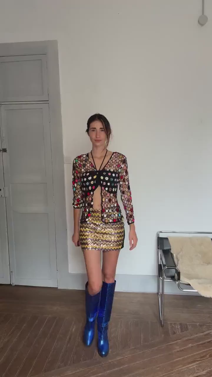 Sequin Mini Skirt – Vintage Party Skirt in Zigzag Gold Sparkle, Festive Y2K Night Out Piece, Size L, NYE/Christmas Look