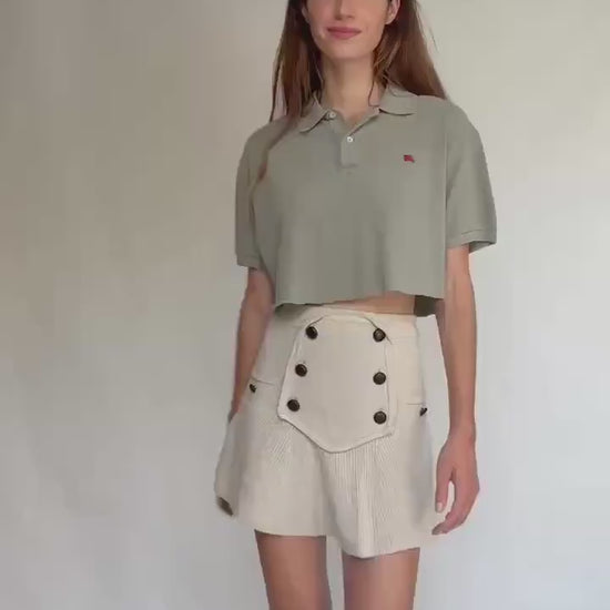 Vintage Burberry cropped polo shirt – olive green short sleeve logo top with collar and button placket – Burberry London size 5