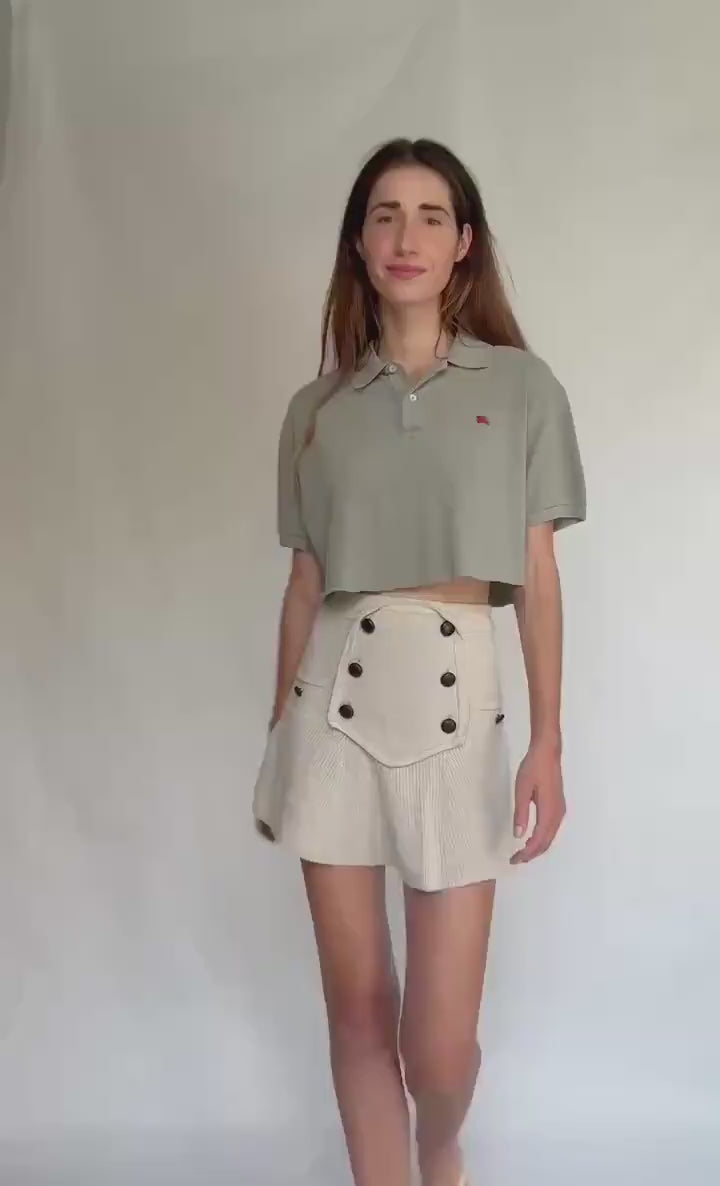 Vintage Burberry cropped polo shirt – olive green short sleeve logo top with collar and button placket – Burberry London size 5