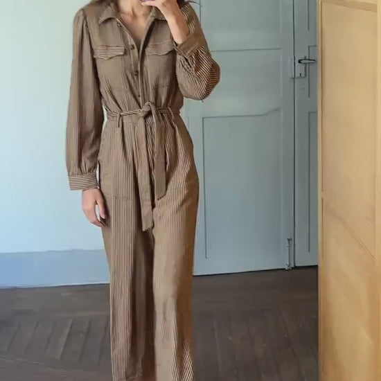 Vintage brown and white striped jumpsuit, Retro long pants work wear, Feminine strap waistline playsuit, Natural earthy woman wear