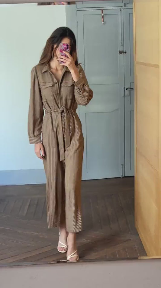 Vintage brown and white striped jumpsuit, Retro long pants work wear, Feminine strap waistline playsuit, Natural earthy woman wear