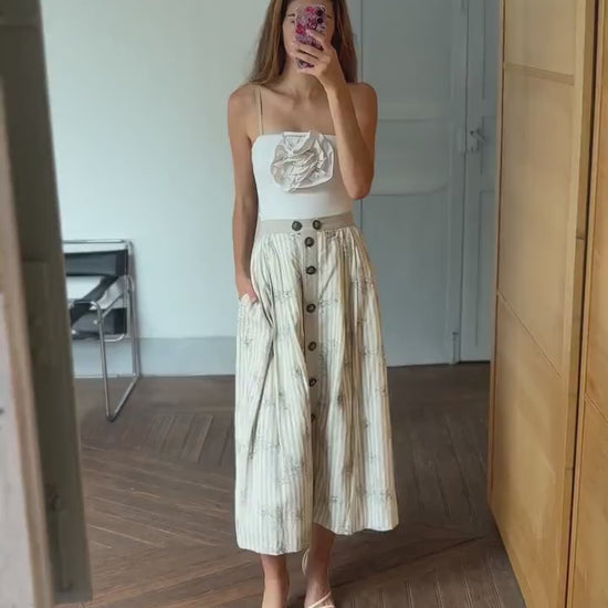 Beige and white striped Austrian trachten, Vintage Cottage core folklore clothing, Linen blend maxi skirt,  German Dirdnl antique skirt