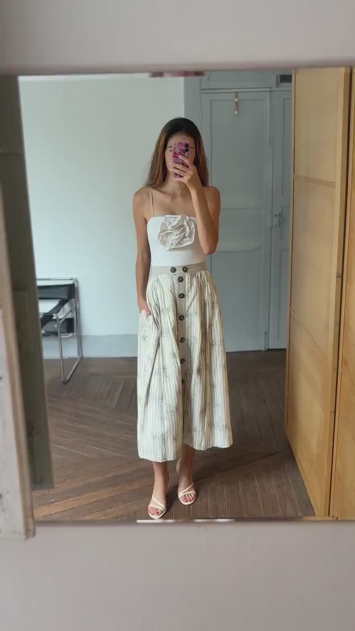 Beige and white striped Austrian trachten, Vintage Cottage core folklore clothing, Linen blend maxi skirt,  German Dirdnl antique skirt