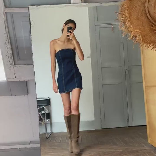 Vintage FIORUCCI denim bodycon dress, Sexy strapless branded summer dress, Y2k style, M