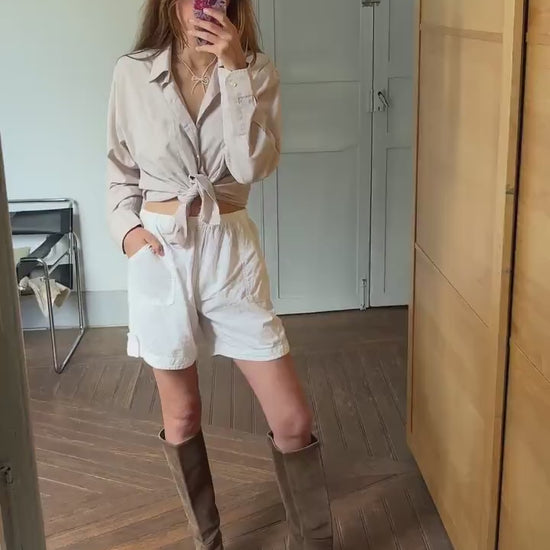 Vintage beige boyfriend oxford shirt, Luxury true vintage earthy oatmeal crisp oversized button down blouse, Scandinavian style, XXL